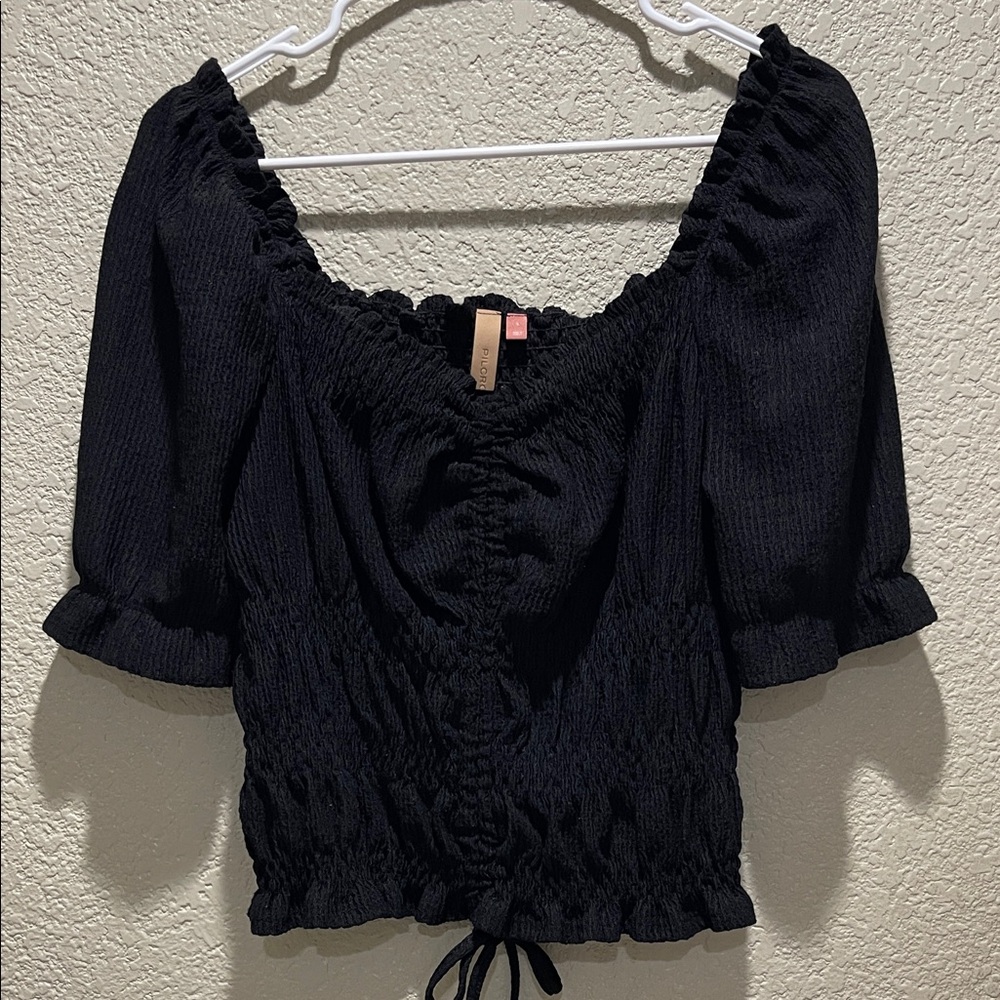 Pilcro Anthropologie Black Ruched Puff Sleeve Top
